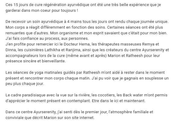 retour d'expérience cure ayurvédique kerala, centre de retraite ayurvédique Marion Chatelain