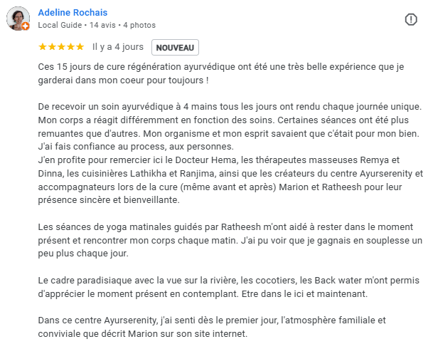 retour d'expérience cure ayurvédique kerala, centre de retraite ayurvédique Marion Chatelain