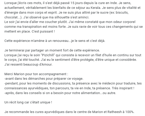 retour d'expérience cure ayurvédique kerala, centre de retraite ayurvédique Marion Chatelain