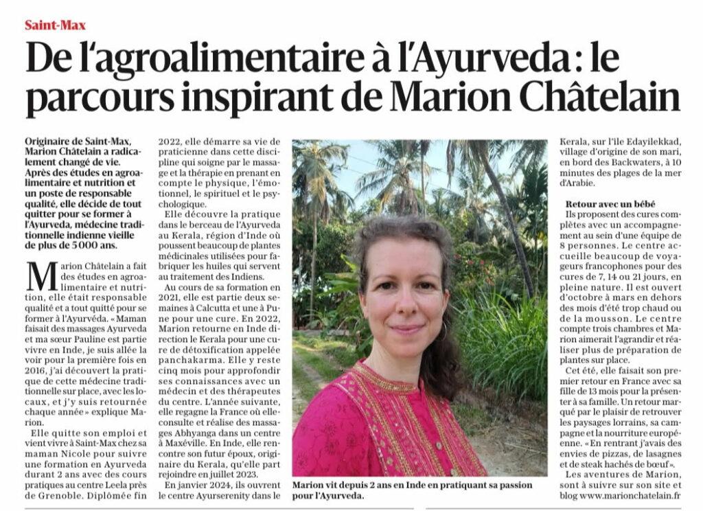 Article de journal Est Républicain parcours de Marion Chatelain de l'agroalimentaire à l'Ayurveda