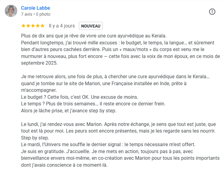 avis de carole cure panchakarma 21 jours kerala