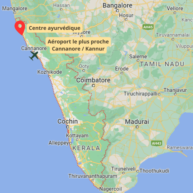 carte localisation du centre ayurvédique et de l'aéroport de Kannur. Cure ayurvédique dans le Kerala, Inde