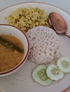 repas ayurvédiques du Kerala, centre ayurvédique ayurserenity : riz, légumes en curry, crudité, légumes frits