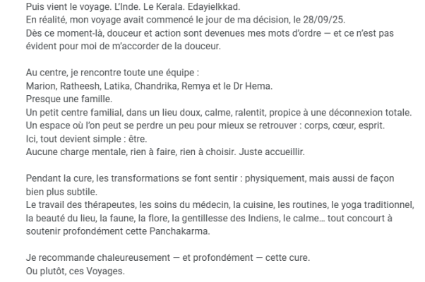 avis de carole cure panchakarma 21 jours kerala